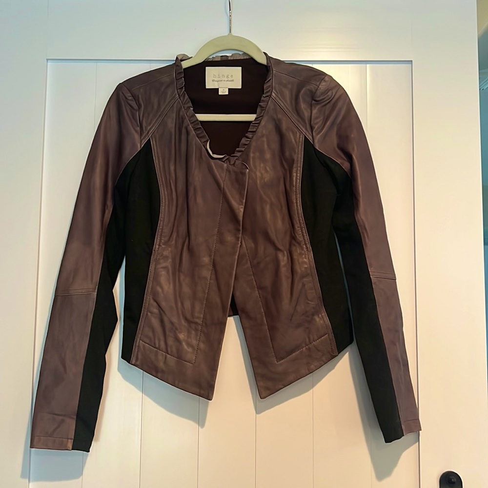 Hinge brown leather jacket with dark gray paneling (small)